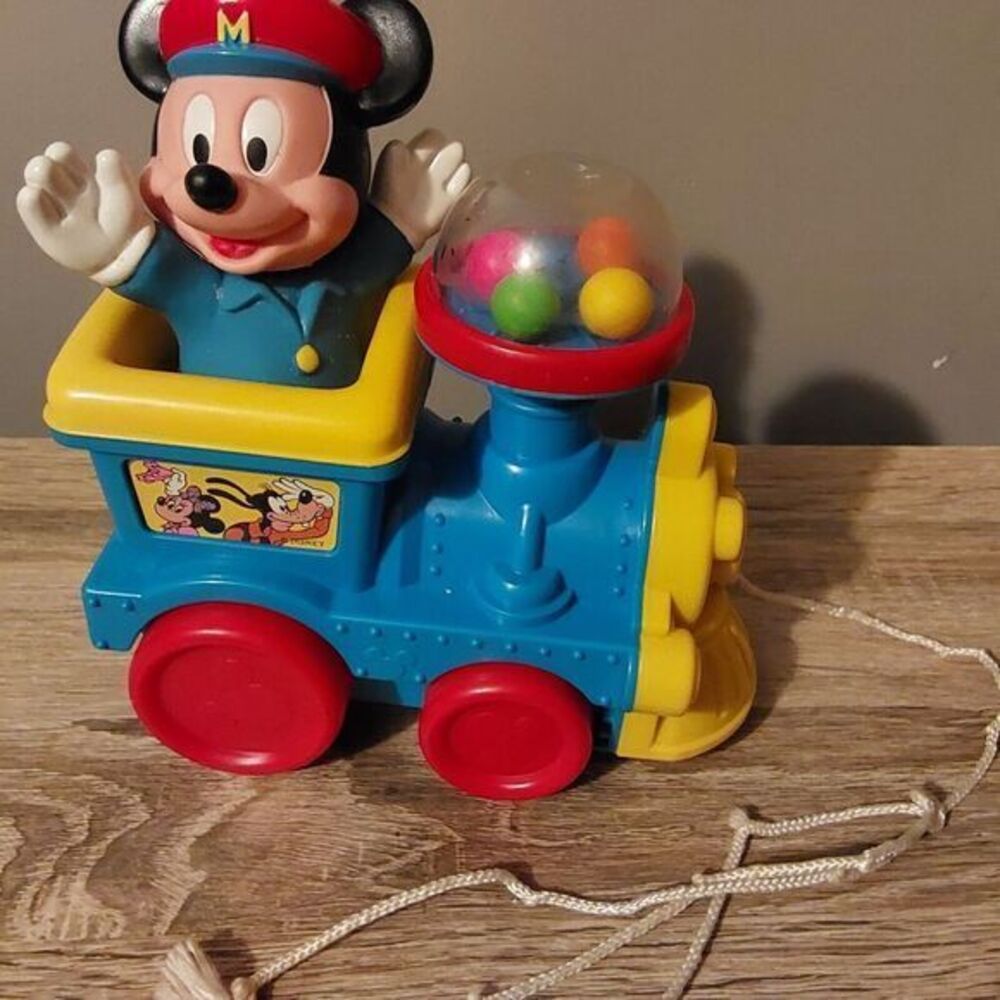 Vintage Plastic Disney Mickey Mouse on Train Pull‎ Toy Balls Pop Up when pulled